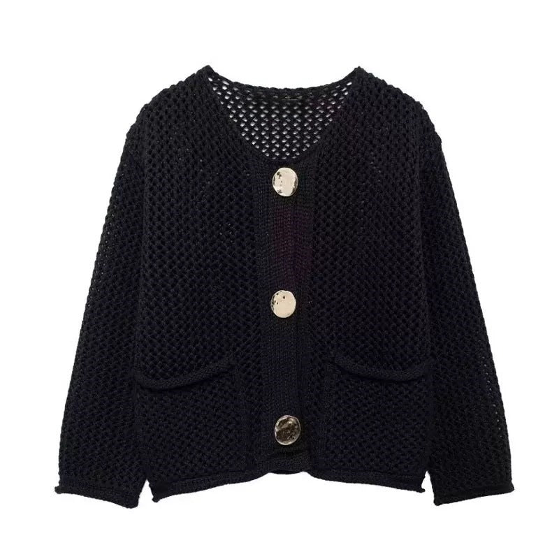 Dame mesh strik cardigan med praktiske lommer og dekorative knapper Stilla