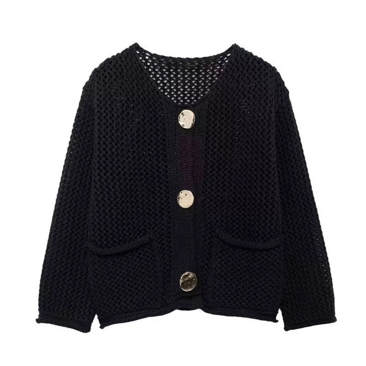 Dame mesh strik cardigan med praktiske lommer og dekorative knapper Stilla
