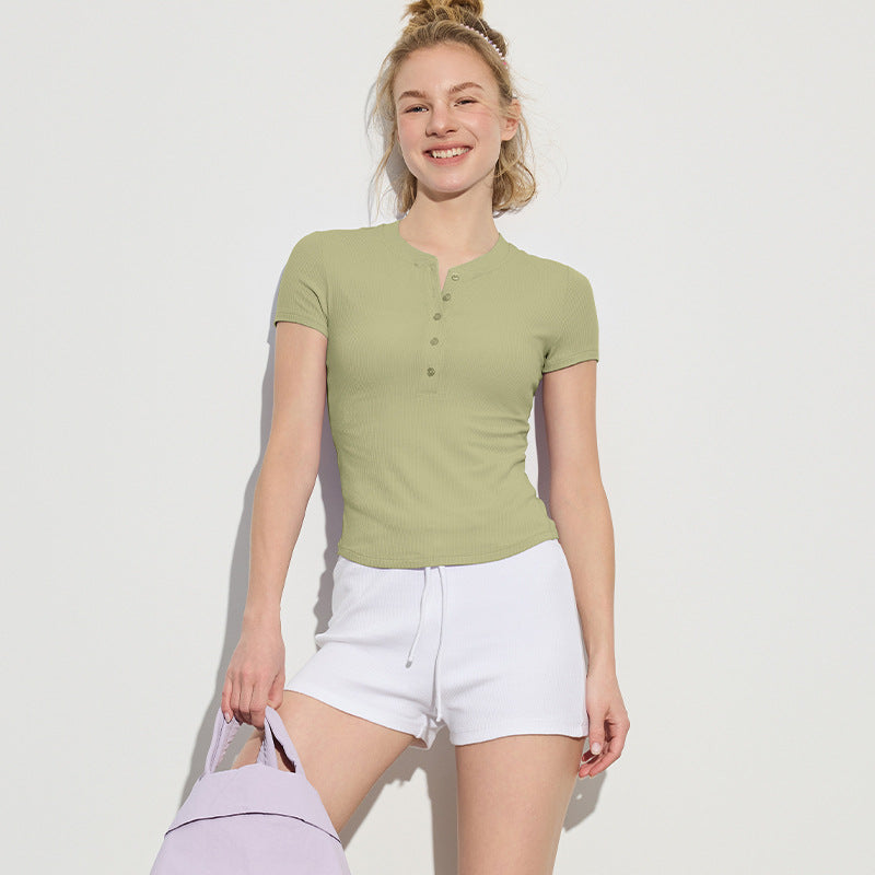 Dame moderne kortærmet Henley-shirt med knaplukning og fin ribstruktur Stilla