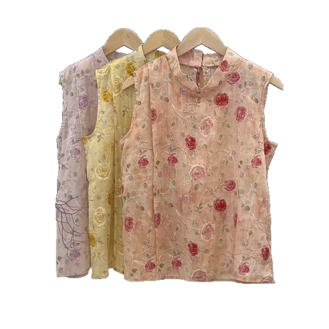 Dame Broderede Blomster Ærmeløs Bluse Stilla