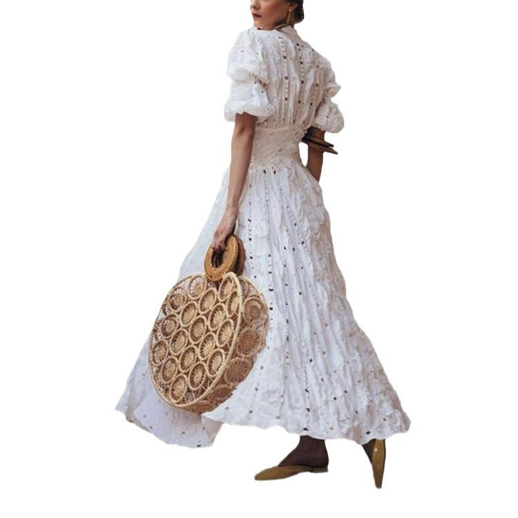 Dame Elegant Maxikjole med feminine Puffærmer og legende Plissering Stilla