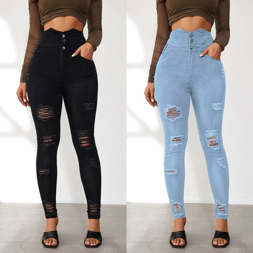 Dame Højtaljede Skinny Jeans i moderne Destroyed-look med knapdetaljer Stilla