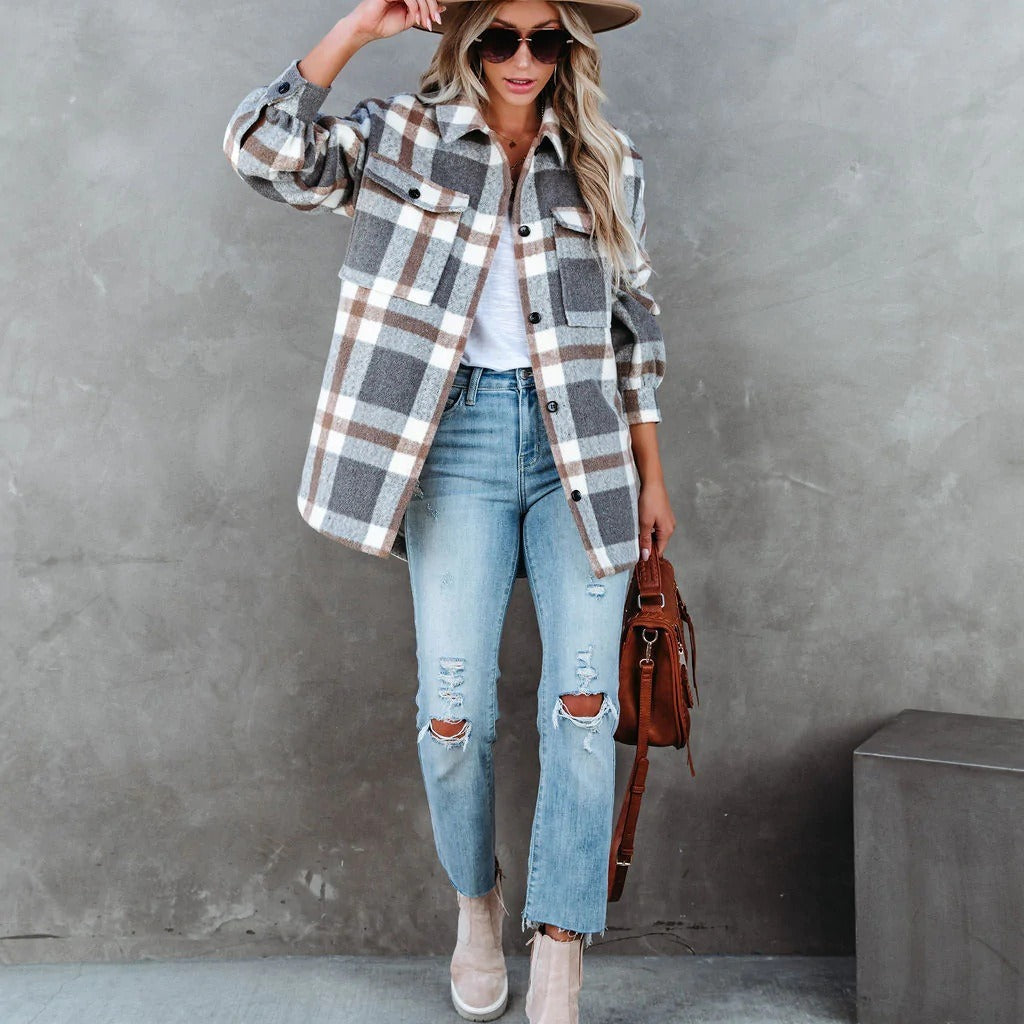 Dame afslappet oversized flanneljakke i ternet mønster med knapbar krave Stilla