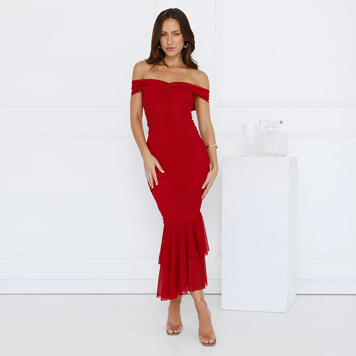 Damer Off-Shoulder Rynk Maxi Kjole med Flæsekant Stilla