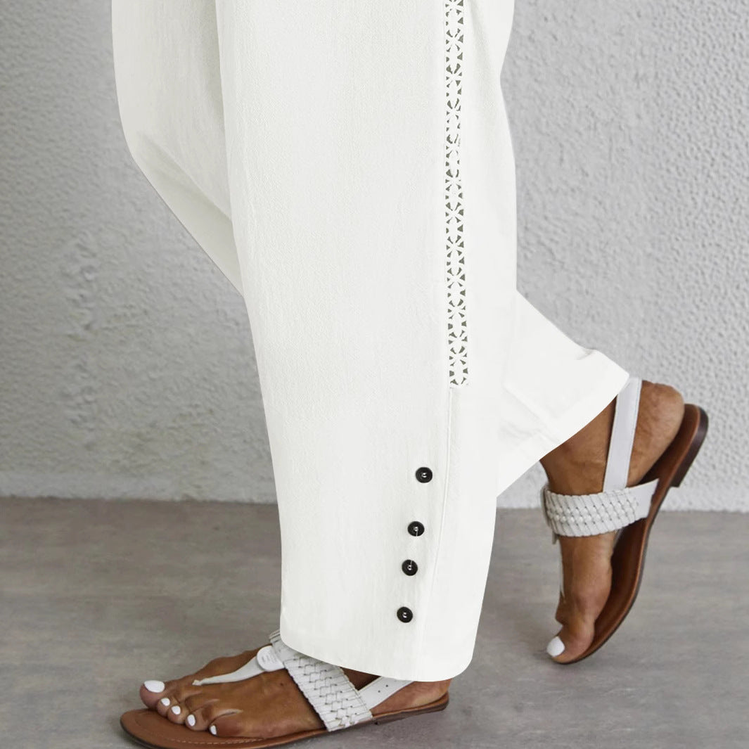 Dame Relaxed Fit Elastisk Taljebukser med Knapdetaljer Stilla