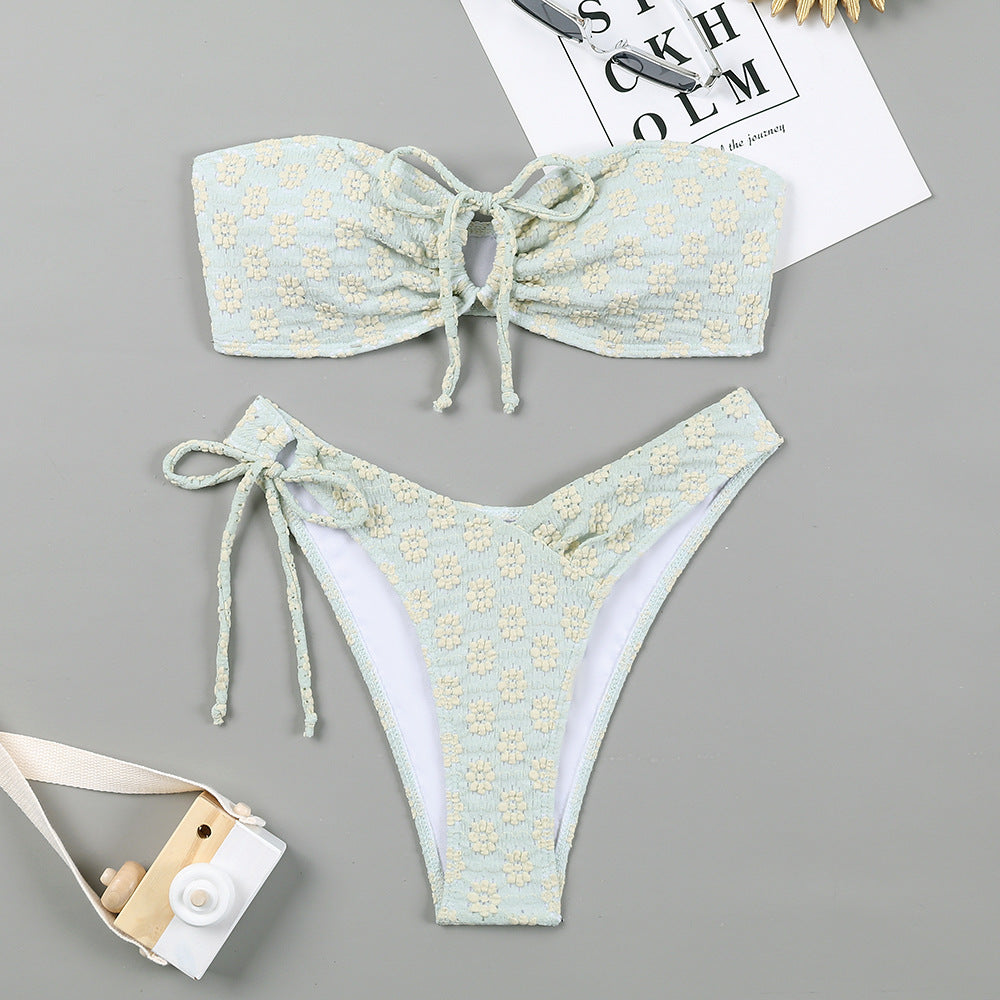 Dame Floral Print Bandeau To-delt Bikini Sæt Stilla
