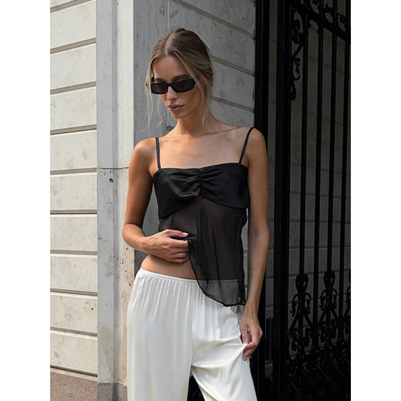 Damen Sexy Trägertop mit transparentem Stoff und raffiniertem Falten-Design Skovae