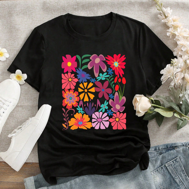Dame T-shirt med farverigt blomsterprint Skovae