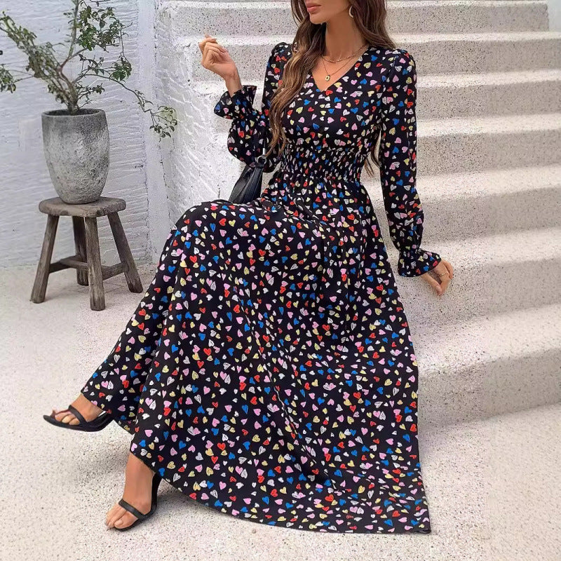 Dame Floral Trykt Maxi Kjole med Smock-talje og Lange Ærmer Stilla