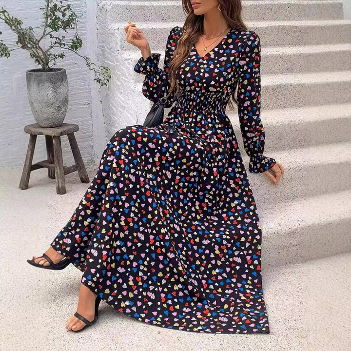 Dame Floral Trykt Maxi Kjole med Smock-talje og Lange Ærmer Stilla