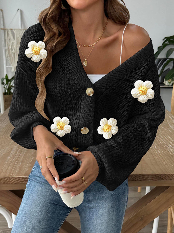 Damer moderigtig strik-Cardigan med innovativt blomstermotiv og ballonærmer Stilla