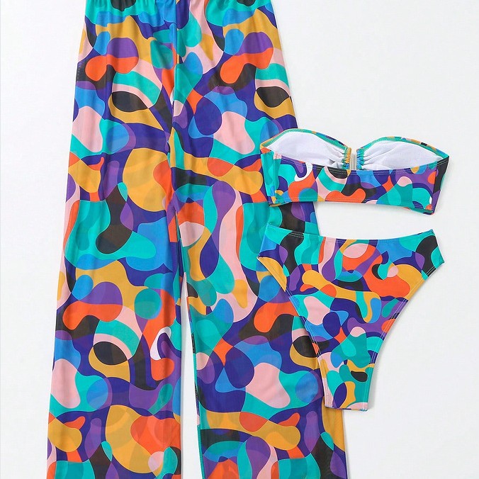 Dame Bohemian Print Bikini med flydende Cover-Up Bukser Stilla