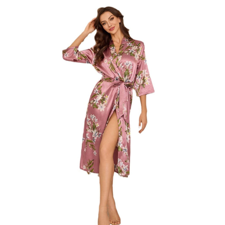 Dame Floral Satin Morgenkåbe med åben slids Stilla