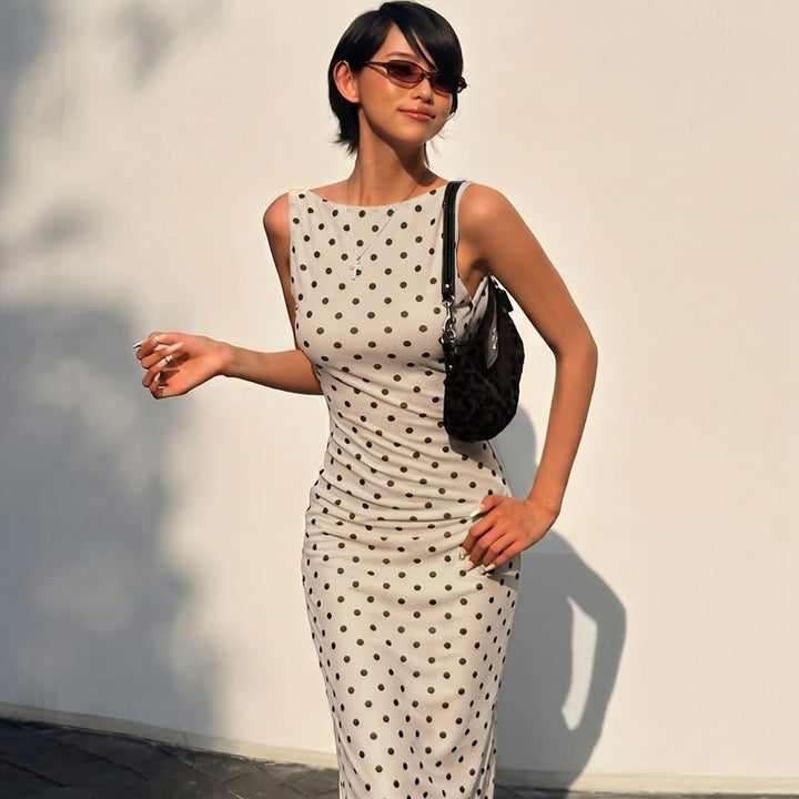 Dame Elegant Maxi Kjole med Prikkedesign og Figurtilpasset Snit Skovae