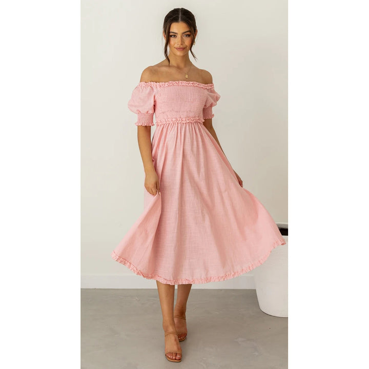 Women's Off-Shoulder Midi Dress with Airy Silhouette and Ruffle Details Skovae