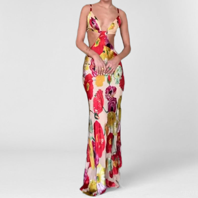 Dame Maxikjole med floralt cut-out-design og spaghettistropper Stilla