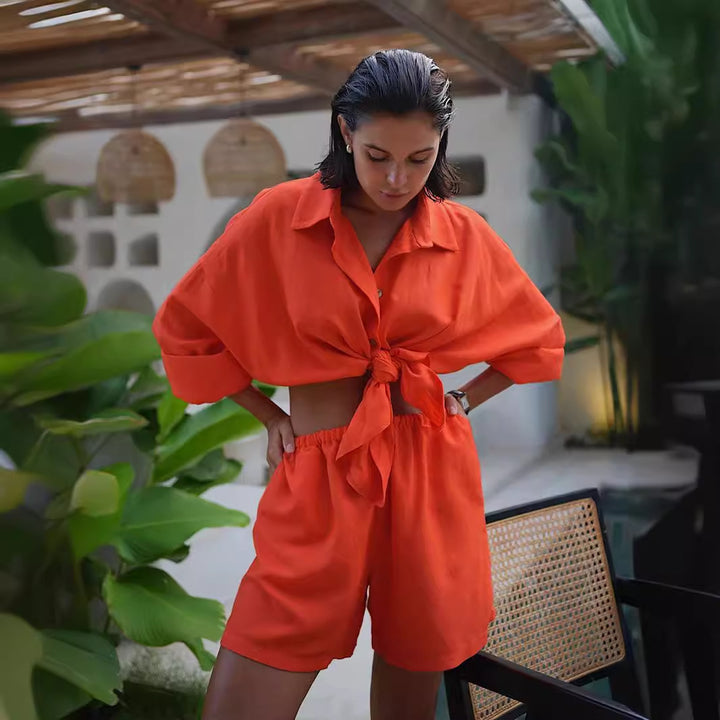 Femme Luxe Slips-Front Skjorte og Shorts Sæt Stilla