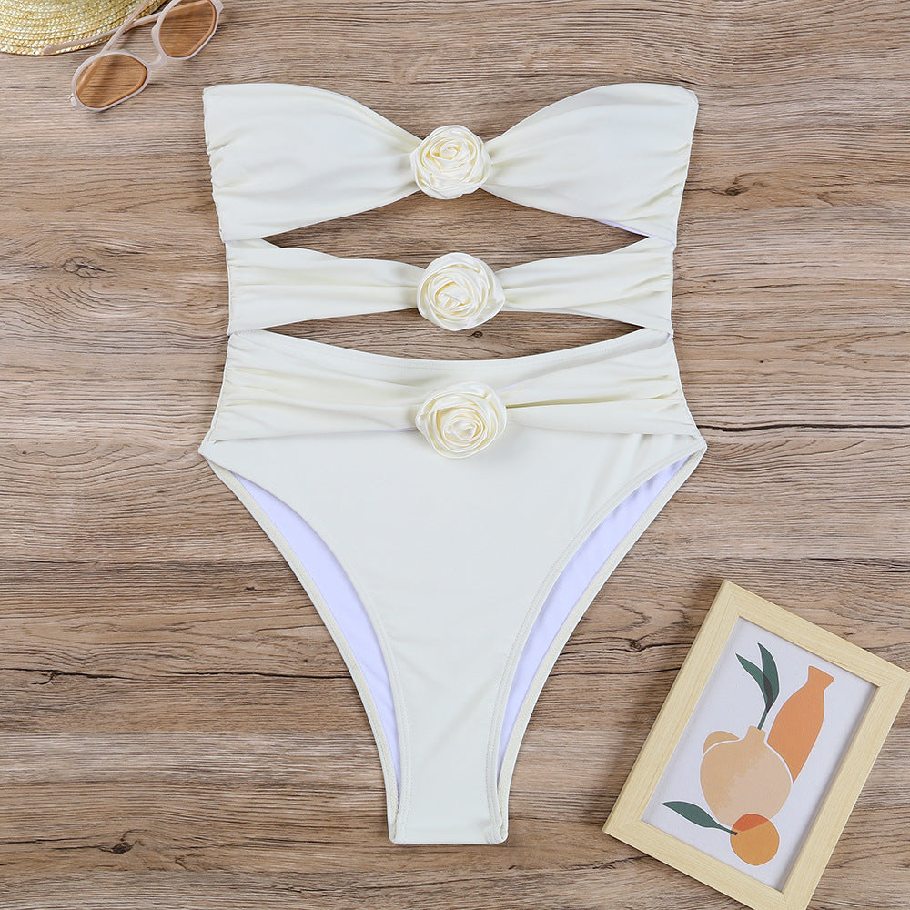 Dame Bandeau-bikini med blomster detaljeret knude og høj skæring Stilla
