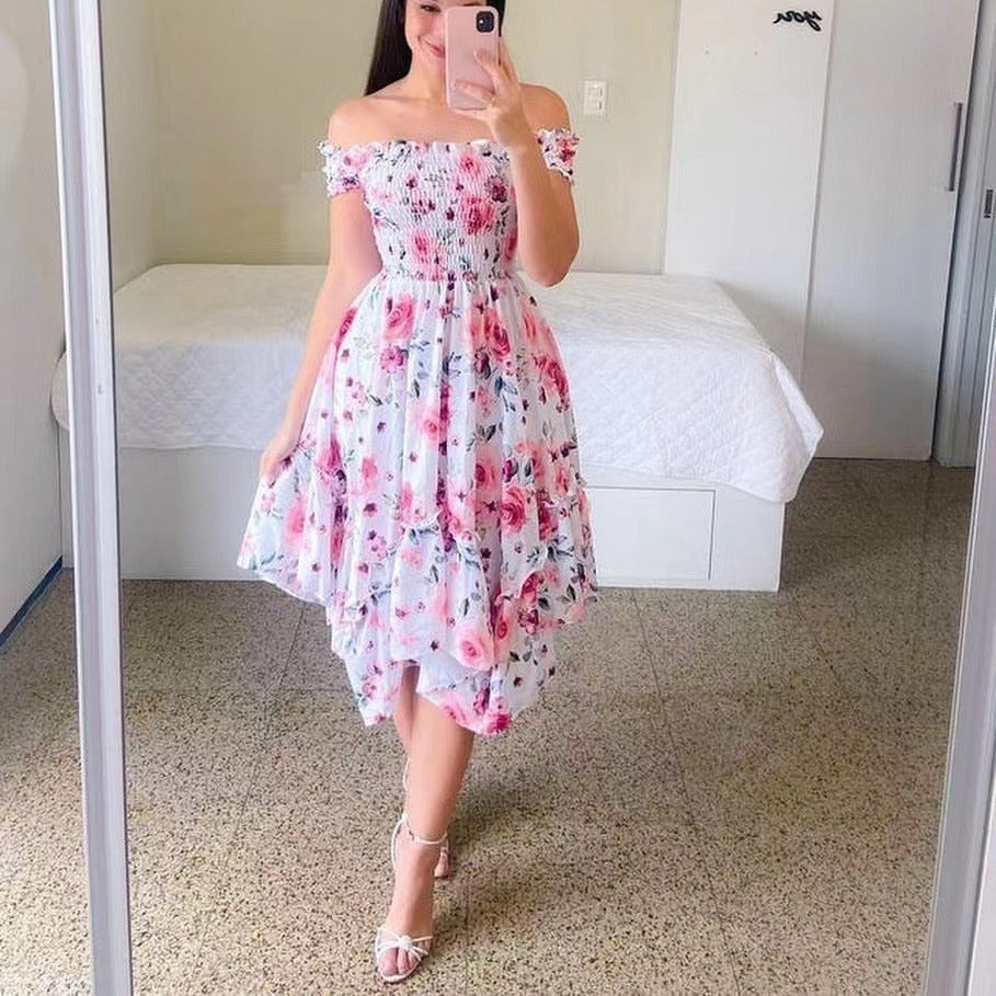 Dame Off-Shoulder Sommerkjole med legende sommerfuglemønster og flæse detaljer Stilla