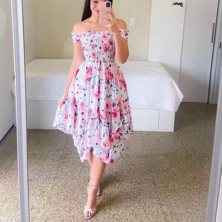 Dame Off-Shoulder Sommerkjole med legende sommerfuglemønster og flæse detaljer Stilla