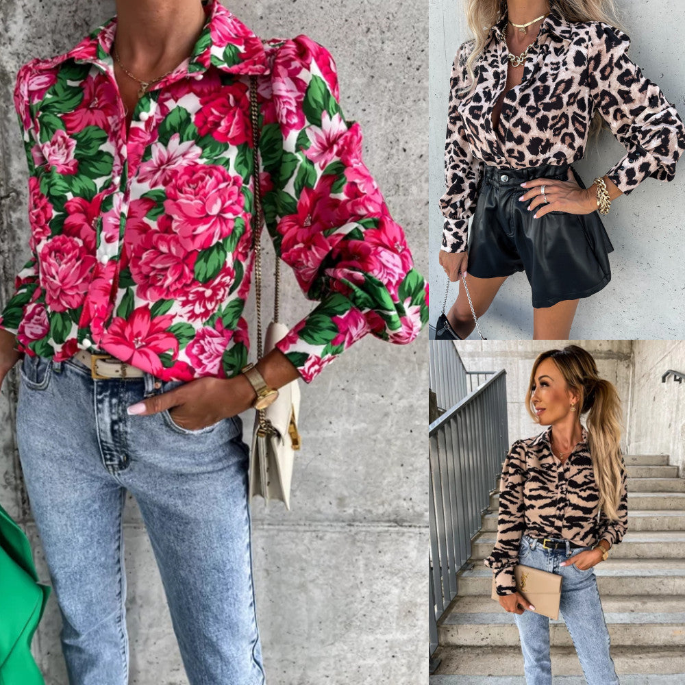 Damebluse med blomstret tryk og voluminøse ærmer Stilla