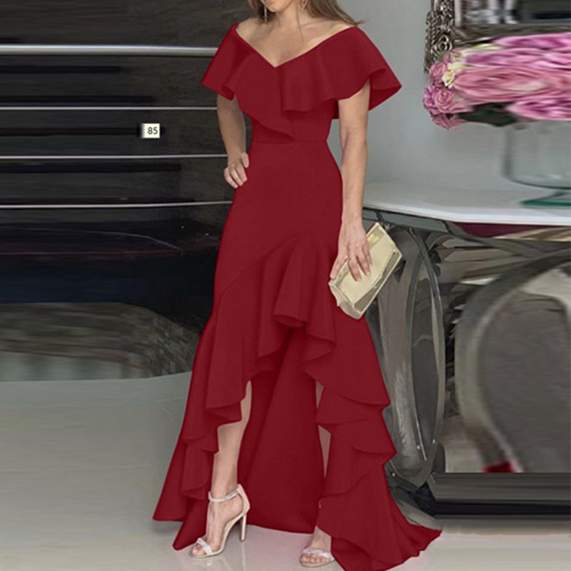 Dame Elegant Maxikjole med Flæsedetaljer og Asymmetrisk Kant Stilla