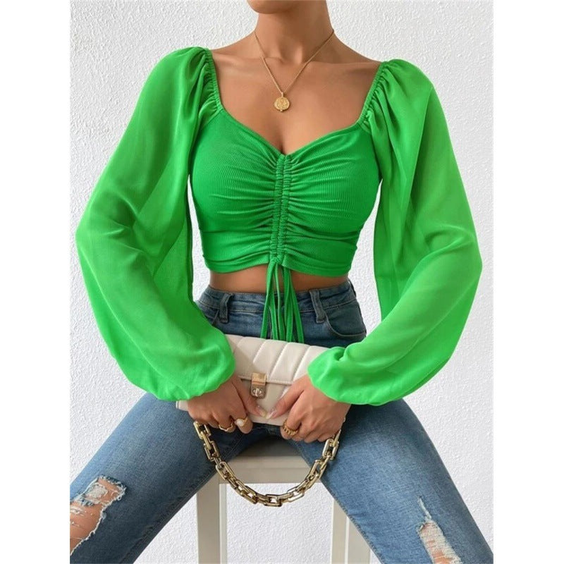 Dame Elegant Crop-top med puffede ærmer og snøremuligheder Stilla
