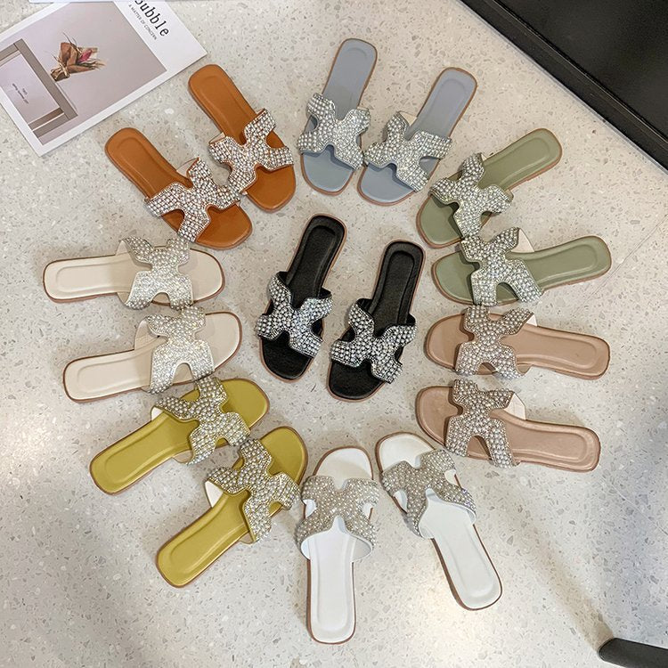Dame mode slide-sandaler med funklende perle- og rhinestones dekoration Stilla