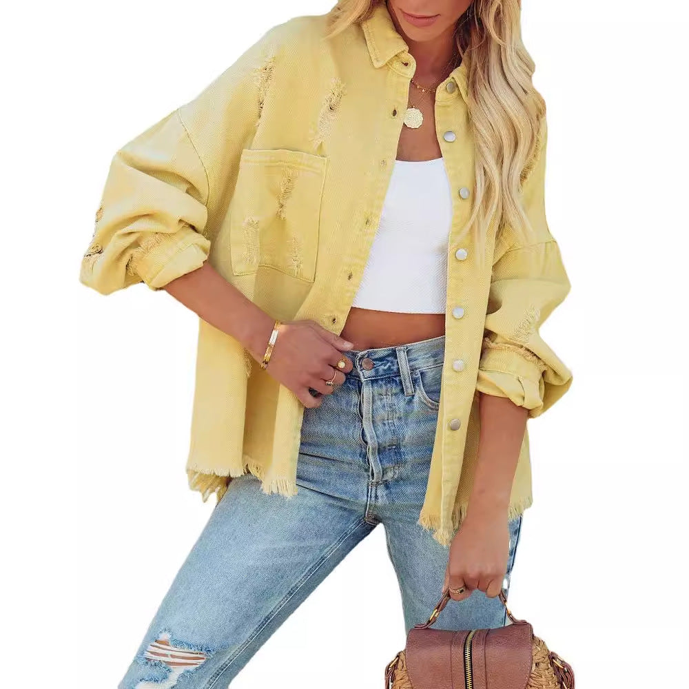 Dame Oversize Denimjakke med rynke og frynset kant Stilla