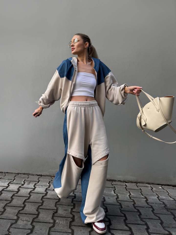 Kvinders afslappede oversized tracksuit med trendy udsnit og stræk taljeelbånd