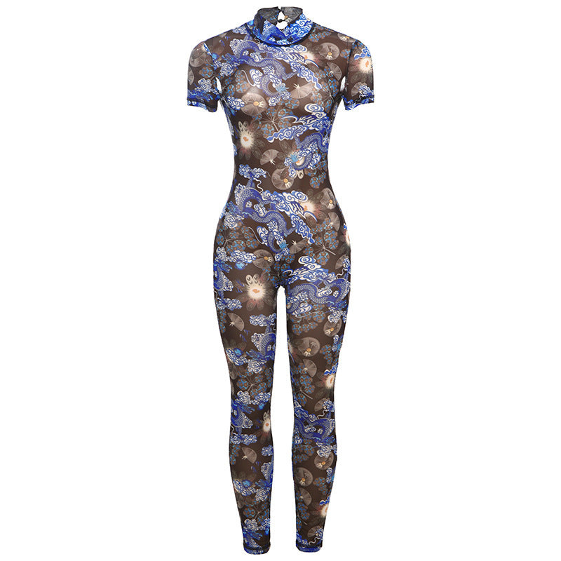 Dame figurformet catsuit med blomstertrykt og høj krave Stilla