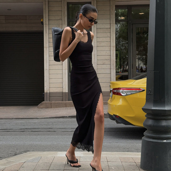 Damen Maxikleid mit Spitzenabschluss und hohem Schlitz Skovae