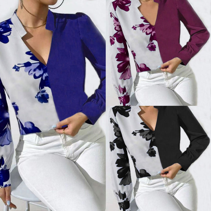 Damebluse med asymmetrisk snit og blomstermotiv Stilla