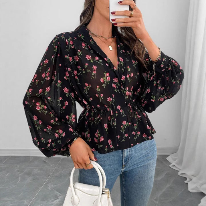 Dame blomsterprintet bluse med puffærmer Stilla