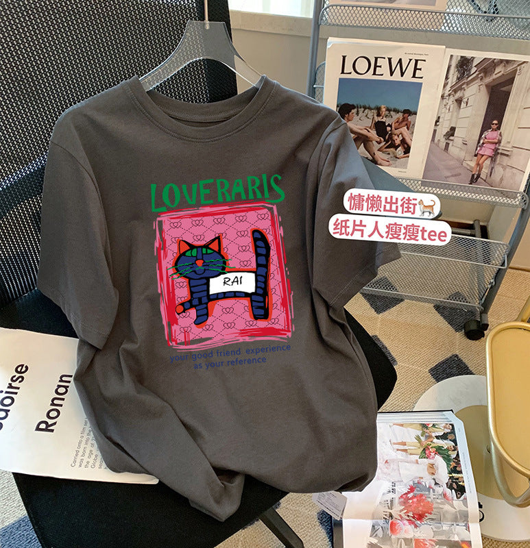 Dame T-shirt med kreativ kattemotiv og moderne tryk Stilla