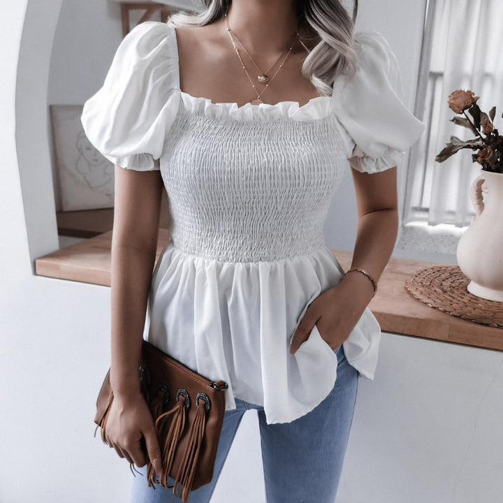 Dame puffærme bluse med flæsedetaljer og elastisk bund Stilla