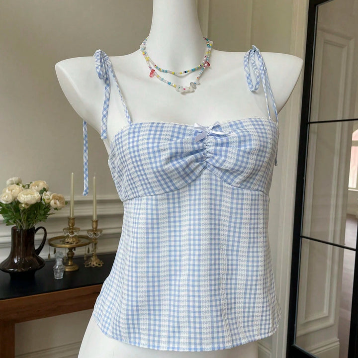 Dame Crop-Top med legende bundet stropper og ternet mønster Skovae