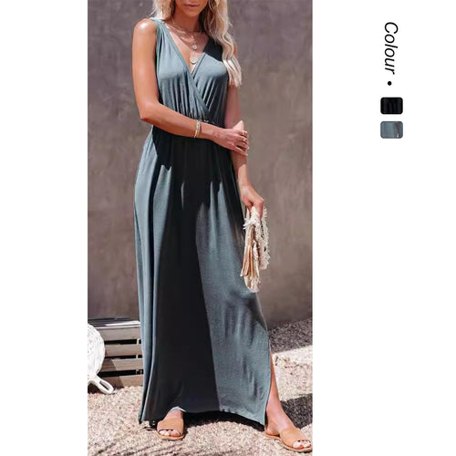 D damer maxi kjole med elegant omslag design og høj slids Skovae