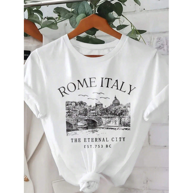 Dame T-shirt med kreativ Rom-tryk og afslappet pasform Stilla