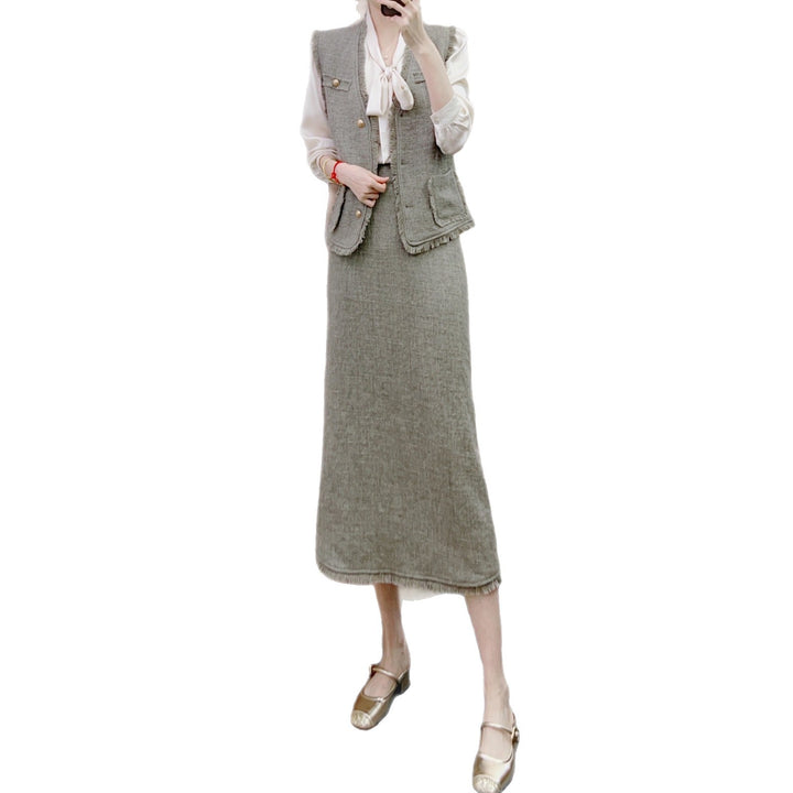 Dame 2-i-1 Vest-nederdel-kombination med frynsede detaljer og elegante knaplukninger Stilla