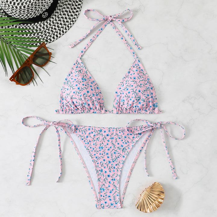 Dame triangel-bikini-sæt med farverigt blomsterdesign og justerbare stropper Skovae