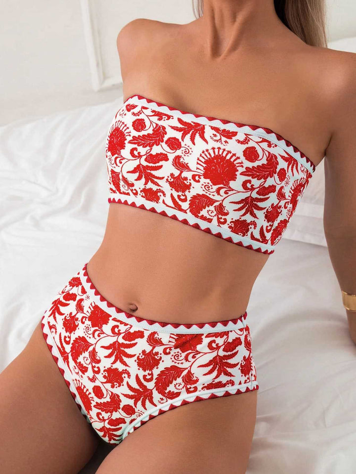 Dame Bandeau-bikini-sæt med farverigt blomstermønster og elastisk bælte Skovae