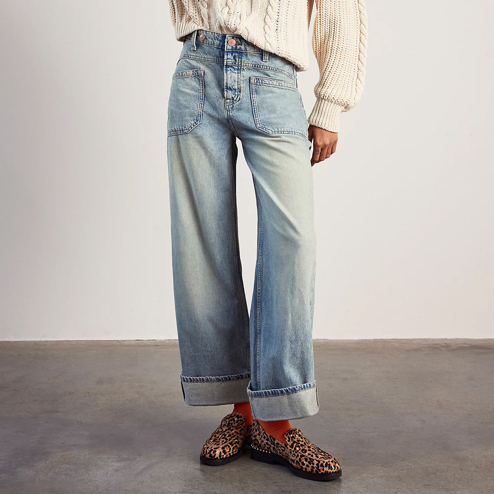 Dame Bred Høj talje Jeans i Vintage-stil Stilla