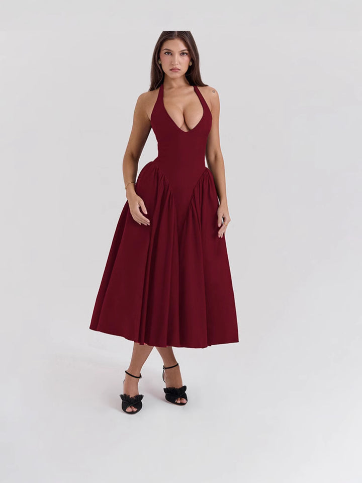 Dame maxikjole med elegant halterneck og voluminøs nederdel Stilla