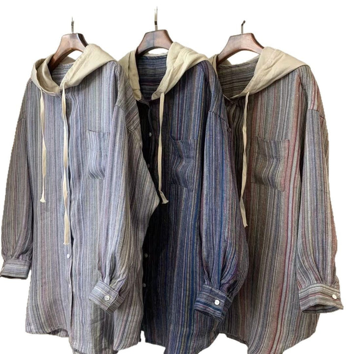 Femme Stribet Overdimensioneret Button-Up Skjorte med Hætte Stilla