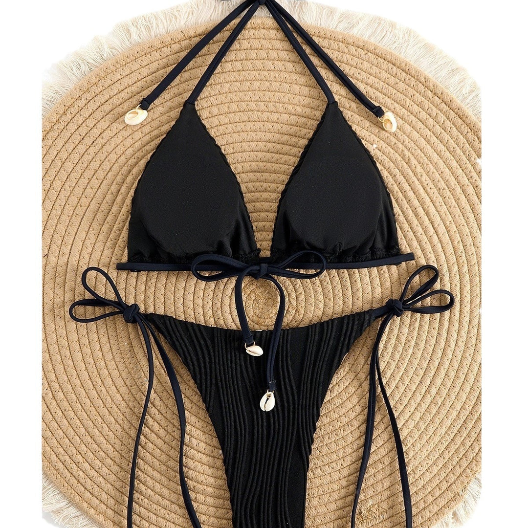 Dame Rib-Trekanth-Bikini-Sæt med justerbare Bindebånd Stilla1750243489