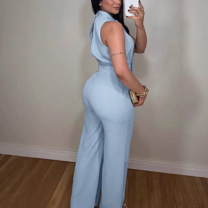 Dame elegant jumpsuit med flydende snit og bindbart krave Skovae