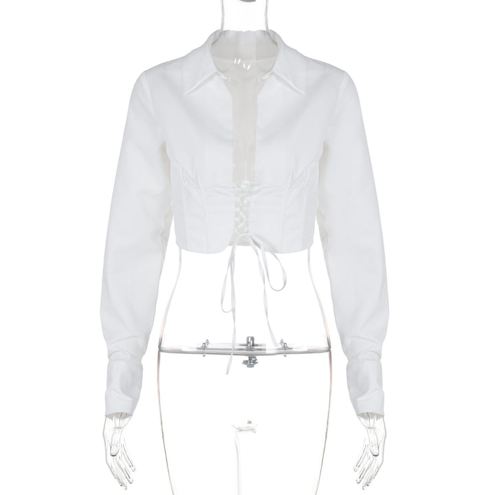 Damer cropped bluse med snøring og klassisk kravesnit Stilla