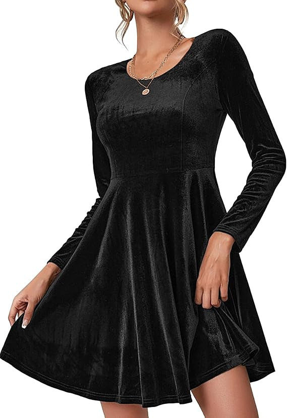 Dame elegant A-linje kjole i velour med lange ærmer og rund halsudskæring Stiila