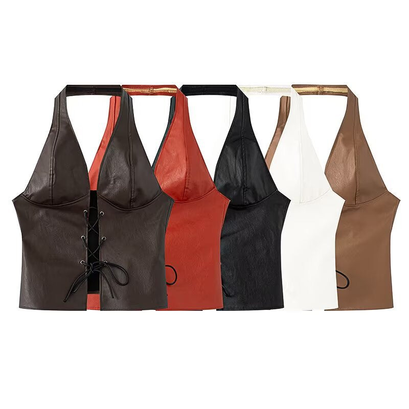 Dame Halter Neck Faux Leather Crop Top med snørredetail Stilla